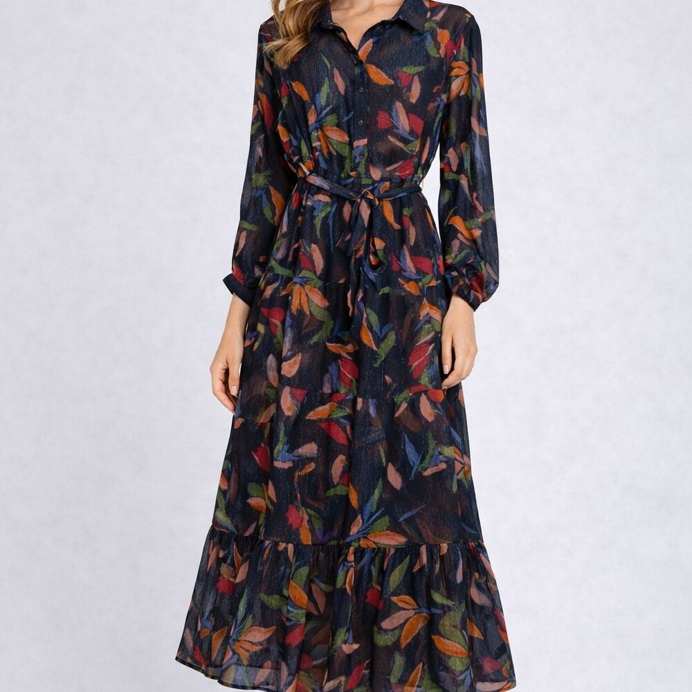 Grace & Mila Size M Blue Foral Sheer Tiered V-Neckline Long Sleeve Long Dress